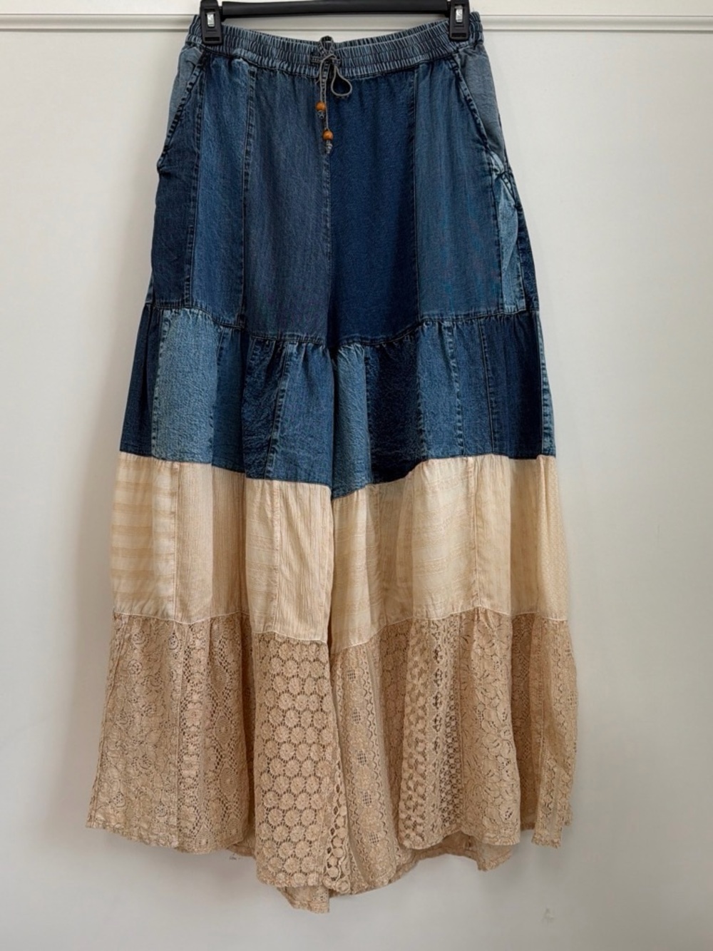 Young Threads Latte Mixed-Media Denim Lace Wide-Leg Palazzo Pants NWT XL